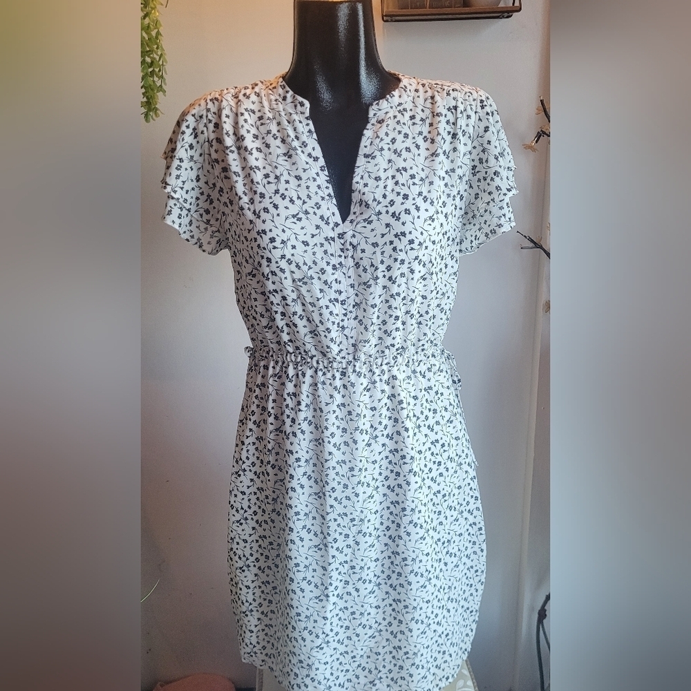 H&M White Floral Midi Dress with Black Print